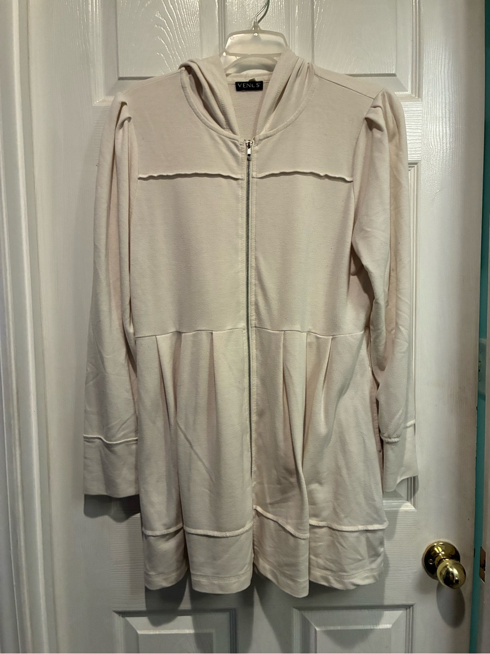 VENUS Cream Zip-Front Long Sleeve Hooded Tunic